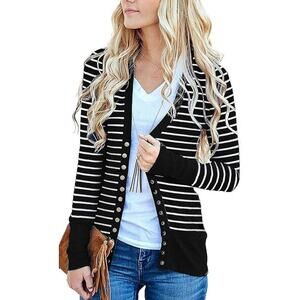 RichCoco Women's Stripped Button Down Cardigan in Black, Size M​